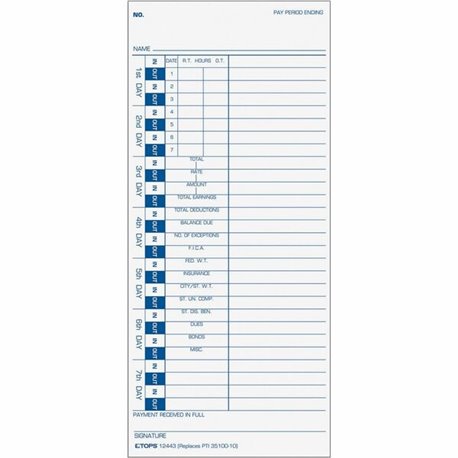 TOPS One-Side Weekly Time Cards - 4" x 9" Sheet Size - White - White Sheet(s) - Blue Print Color - 100 / Pack