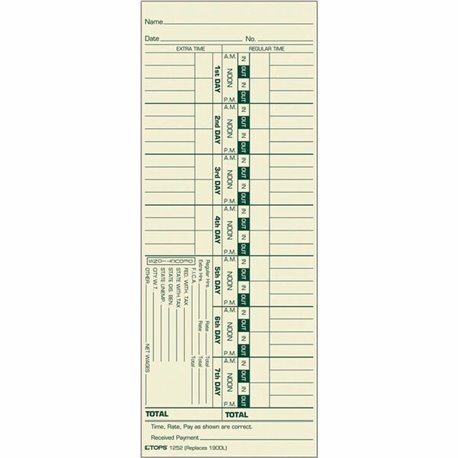 TOPS Manila Stock Weekly Time Cards - 3.50" x 9" Sheet Size - Manila - Manila Sheet(s) - Green Print Color - 500 / Box