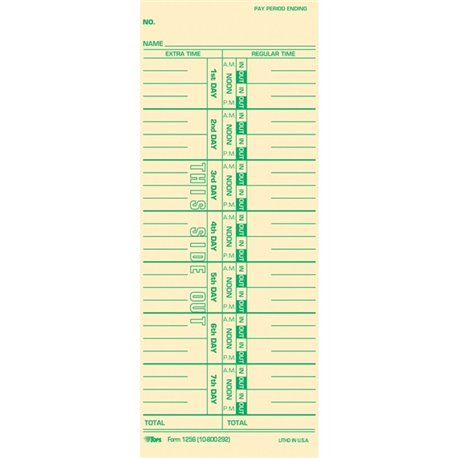 TOPS Numbered Days Time Cards - 3.50" x 9" Sheet Size - Yellow - Manila Sheet(s) - Green Print Color - 100 / Pack