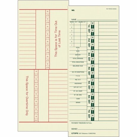 TOPS Numbered Days/Full Payroll Time Cards - Double Sided Sheet - 3.50" x 9" Sheet Size - Yellow - Manila Sheet(s) - Green, Red 