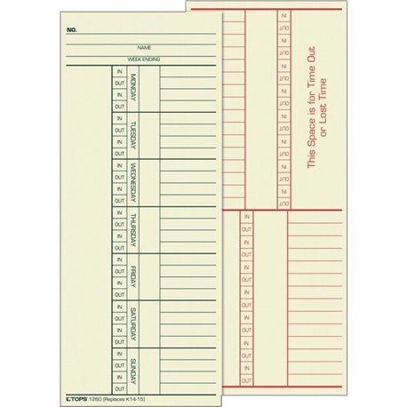 TOPS 2-Sided Weekly Time Cards - Double Sided Sheet - 3.37" x 8.25" Sheet Size - Manila - Manila Sheet(s) - Green, Red Print Col