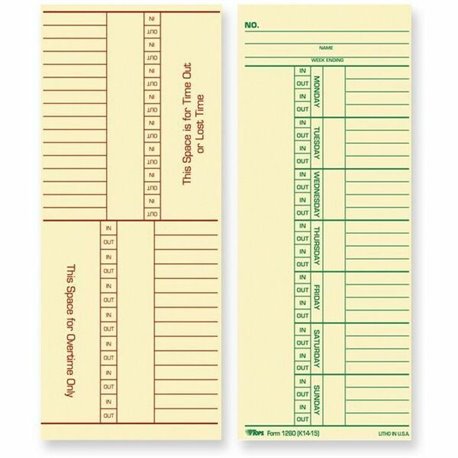 TOPS Named Days/Overtime Time Cards - 3.37" x 8.25" Sheet Size - Yellow - Manila Sheet(s) - Green, Red Print Color - 100 / Pack