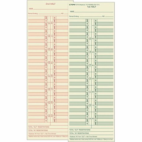 TOPS Semi-Monthly Time Cards - Double Sided Sheet - 3.50" x 10.50" Sheet Size - Yellow - Manila Sheet(s) - Green, Red Print Colo