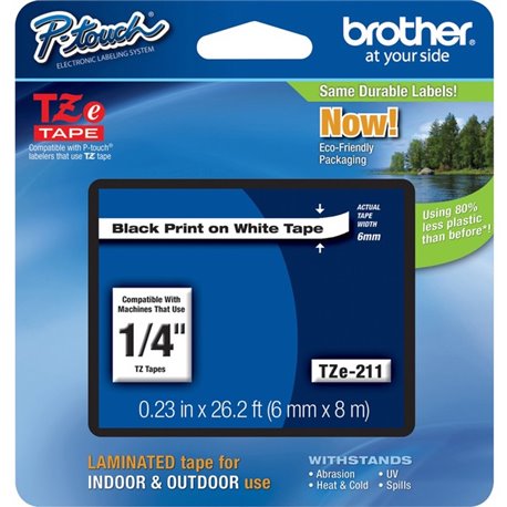 Brother P-touch TZe Laminated Tape Cartridges - 1/4" Width - Rectangle - White - 1 Each - Water Resistant - Grease Resistant, Gr