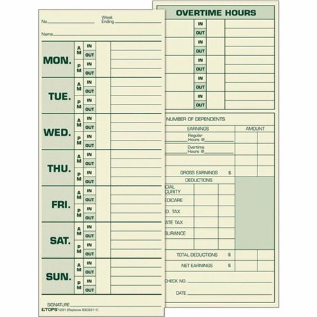 TOPS Monday-Sunday Time Cards - Double Sided Sheet - 3.50" x 8.50" Sheet Size - Yellow - Manila Sheet(s) - Green Print Color - 5