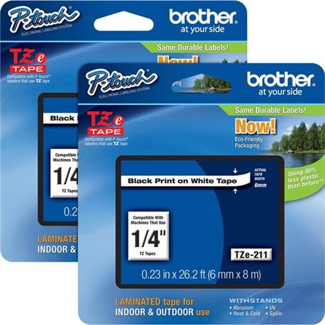 Brother P-touch TZe Laminated Tape Cartridges - 1/4" Width - Rectangle - White - 2 / Bundle - Water Resistant - Grease Resistant