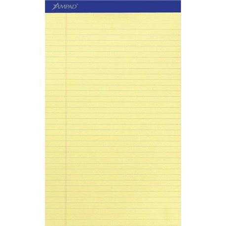 Ampad Writing Pad - 50 Sheets - Stapled - 0.34" Ruled - 15 lb Basis Weight - Legal - 8 1/2" x 14" - Canary Yellow Paper - Dark B