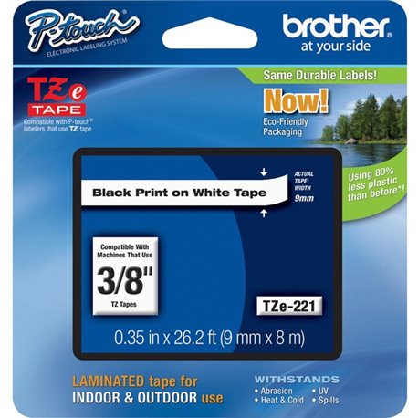 Brother P-touch TZe Laminated Tape Cartridges - 3/8" Width - Rectangle - White - Polyethylene Terephthalate (PET), Polyester Fil