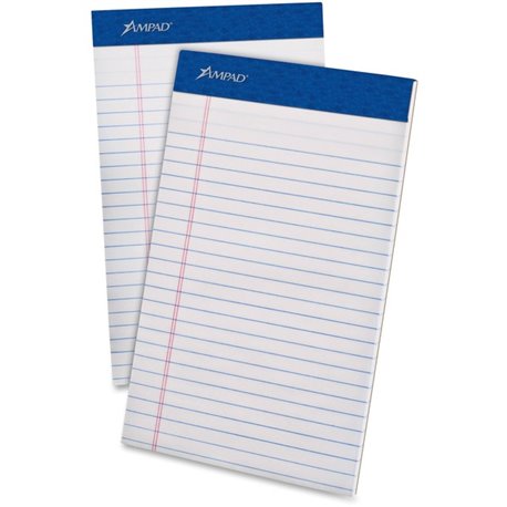 Ampad Perforated Ruled Pads - 50 Sheets - Stapled - 0.28" Ruled - 20 lb Basis Weight - 5" x 8" - White Paper - White Cover - Stu