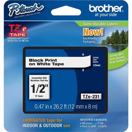 Brother P-touch TZe Laminated Tape Cartridges - 15/32" Width - Rectangle - White - 1 Each - Water Resistant - Grease Resistant, 