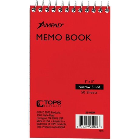 Ampad Topbound Memo Notebook - 50 Sheets - Wire Bound - 3" x 5" - White Paper - AssortedPressboard Cover - Mediumweight, Rigid -