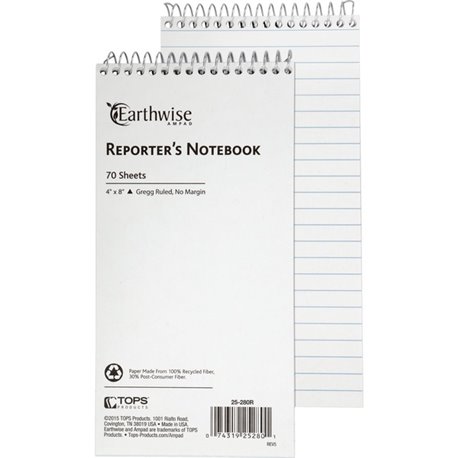 Ampad Earthwise Reporter's Notebook - 70 Sheets - Wire Bound - Front Ruling Surface - 0.34" Ruled - 15 lb Basis Weight - 4" x 8"