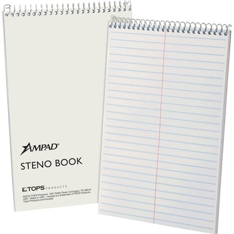 Ampad Kraft Cover Steno Book - 70 Sheets - Wire Bound - 0.34" Ruled - Gregg Ruled Margin - 15 lb Basis Weight - 6" x 9" - White 