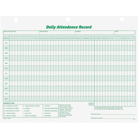 TOPS Daily Employee Attendance Record Form - 50 Sheet(s) - 11" x 8.50" Sheet Size - 3 x Holes - White - White Sheet(s) - Green P