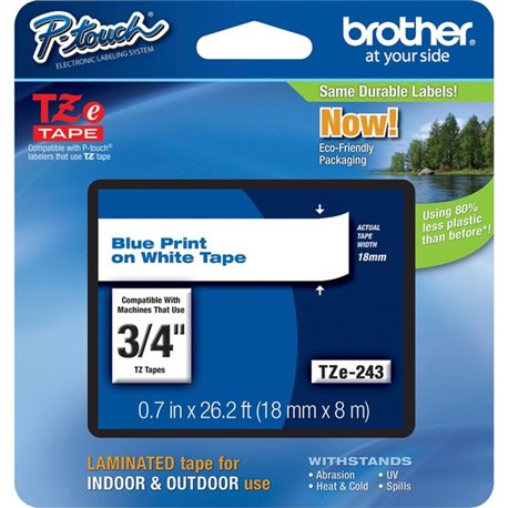 Brother P-Touch TZe Flat Surface Laminated Tape - 45/64" Width - Thermal Transfer - White, Blue - 1 Each - Water Resistant - Gre