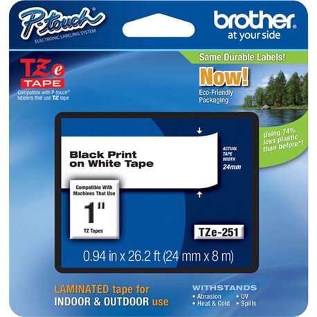 Brother P-Touch TZe Laminated Tape - Waterproof - 15/16" Width - Rectangle - Thermal Transfer - White - 1 Each - Grease Resistan