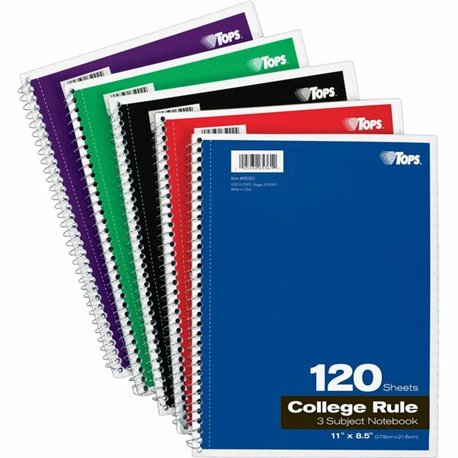 TOPS 3 - subject College Ruled Notebook - Letter - 120 Sheets - Wire Bound - Letter - 8 1/2" x 11" - 0.25" x 8.5" x 11" - Assort