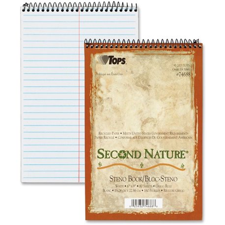 TOPS Second Nature Spiral Reporter/Steno Notebook - 80 Sheets - Wire Bound - 15 lb Basis Weight - 6" x 9" - 0.31" x 6" x 9" - Wh