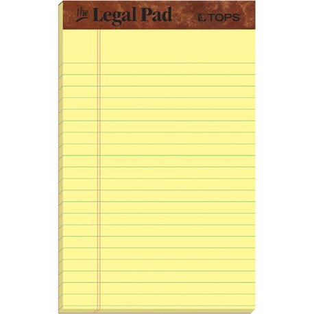 TOPS The Legal Pad Writing Pad - 50 Sheets - Double Stitched - 0.28" Ruled - 16 lb Basis Weight - Jr.Legal - 5" x 8" - Canary Pa