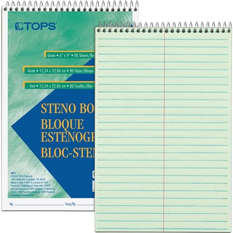 TOPS Steno Book - 80 Sheets - Wire Bound - Gregg Ruled Margin - 6" x 9" - Green Tint Paper - Snag Resistant, Acid-free, Heavywei