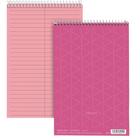 TOPS Prism Steno Books - 80 Sheets - Wire Bound - Gregg Ruled Margin - 6" x 9" - Pink Paper - Perforated, Stiff-back, WireLock -