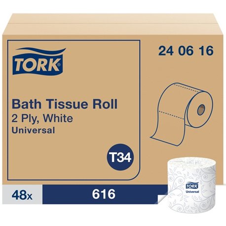 Tork Universal Bath Tissue Roll - 2 Ply - 3.75" x 205.33 ft - 616 Sheets/Roll - 5" Roll Diameter - White - Fiber - Embossed, Sof