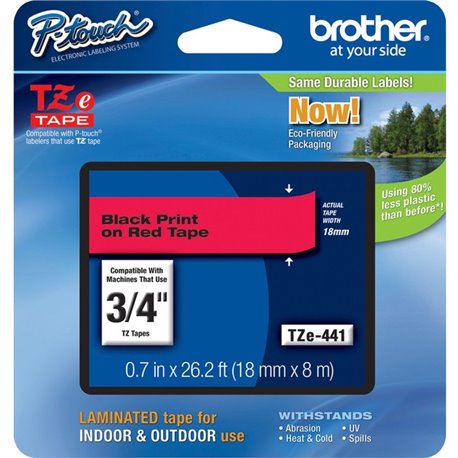 Brother P-Touch TZe Flat Surface Laminated Tape - 45/64" Width - Rectangle - Red - 1 Each - Water Resistant - Grease Resistant, 