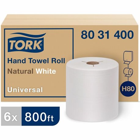 TORK Universal Hand Towel Roll - 1 Ply - 8" x 800 ft - 7.80" Roll Diameter - Natural, White - Paper - Embossed - For Hand - 6