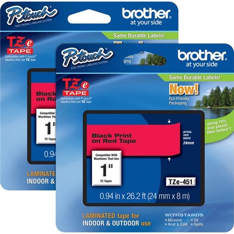 Brother P-touch TZe Laminated Tape Cartridges - 15/16" Width - Rectangle - Thermal Transfer - Black, Red - 2 / Bundle - Water Re