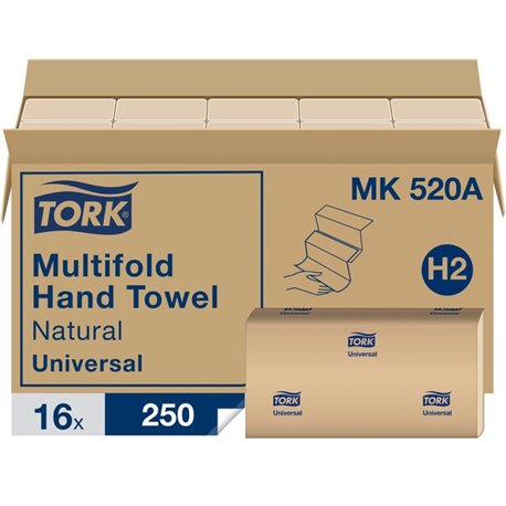 TORK Universal Hand Towel Multifold - 1 Ply - Multifold - 11" x 63 ft - Natural - Absorbent, Soft - For Hand - 250 Per Pack - 40