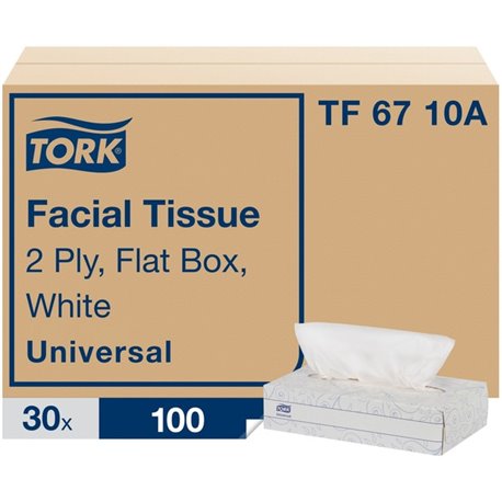 TORK Universal Facial Tissue Flat Box - 2 Ply - 7.90" x 8.20" - White - Paper - Soft, Absorbent, Low Linting - For Face - 100 Pe