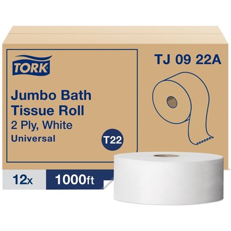 TORK Universal Jumbo Bath Tissue Roll - 2 Ply - 3.60" x 1000 ft - 1000 Sheets/Roll - 8.80" Roll Diameter - White - Paper - Dye-f