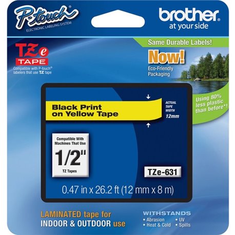 Brother P-touch TZe Laminated Tape Cartridges - 1/2" Width - Rectangle - Yellow - 1 Each - Water Resistant - Grease Resistant, G