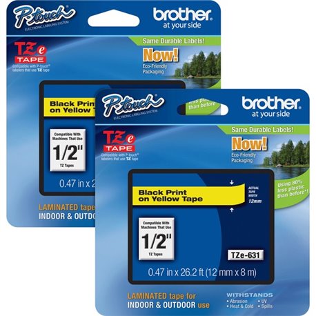 Brother P-touch TZe Laminated Tape Cartridges - 15/32" Width - Rectangle - Yellow - 2 / Bundle - Water Resistant - Grease Resist