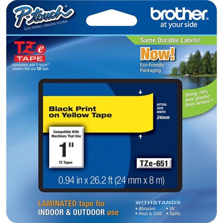 Brother P-Touch TZe Laminated Tape - 1" Width x 26 1/5 ft Length - Rectangle - Thermal Transfer - Yellow - 1 Each - Water Resist