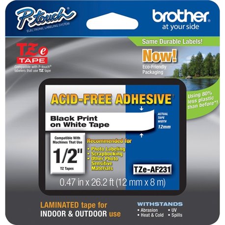 Brother Adhesive Acid-free TZ Tape - 15/32" Width x 26 1/4 ft Length - Thermal Transfer - White - 1 Each - Water Resistant - Abr