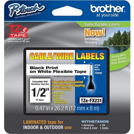 Brother Flexible Cable/Wire TZe ID Tape - 15/32" Width x 26 1/5 ft Length - Removable Adhesive - Rectangle - Thermal Transfer - 