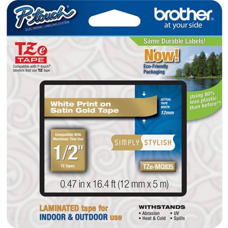 Brother P-Touch TZe Laminated Tape - 15/32" Width - Thermal Transfer - White, Satin Gold - Plastic - 1 Each - Water Resistant - 