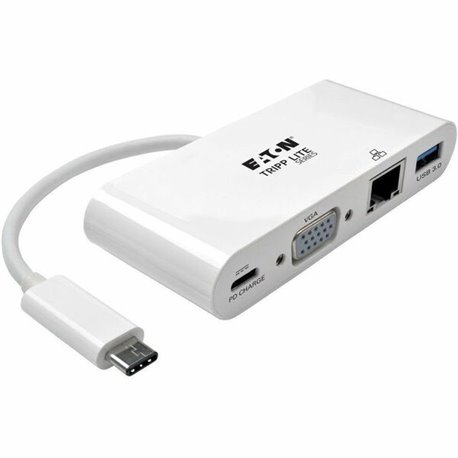 Eaton Tripp Lite Series USB-C Multiport Adapter, VGA, USB 3.x (5Gbps) Hub Port, Gigabit Ethernet and 60W PD Charging, White - fo