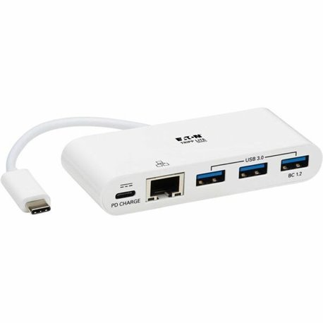 Eaton Tripp Lite Series 3-Port USB-C Hub - USB 3.x (5Gpbs) Hub Ports, Gigabit Ethernet, 60W PD Charging, White - USB 3.1 Type C 