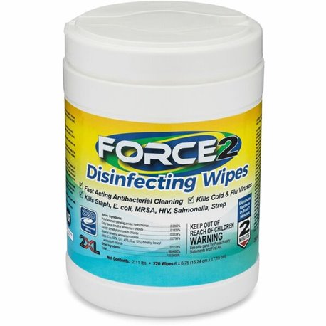 2XL FORCE2 Disinfecting Wipes - 6.75" Length x 6" Width - 220 / Tub - 1 Each - Fast Acting, Non-toxic, Non-irritating, Pre-moist