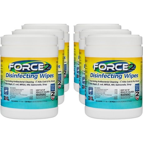 2XL FORCE2 Disinfecting Wipes - 6.75" Length x 6" Width - 220 / Tub - 6 / Carton - Fast Acting, Non-toxic, Non-irritating, Pre-m