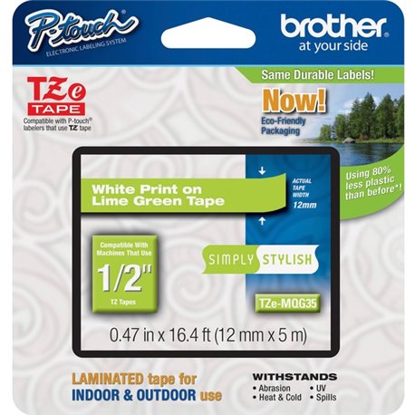 Brother P-Touch TZe Laminated Tape - 15/32" Width x 16 13/32 ft Length - Rectangle - Direct Thermal, Thermal Transfer - Lime Gre