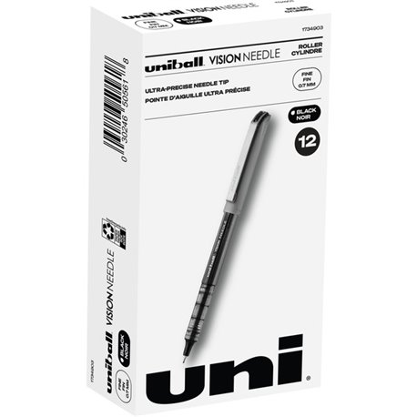 uniball Vision Needle Rollerball Pens - Fine Pen Point - 0.7 mm Pen Point Size - Black Liquid Ink - Silver Barrel - 1 Dozen