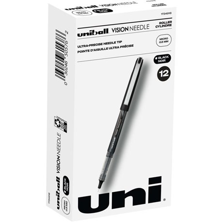 uniball Vision Needle Rollerball Pens - Micro Pen Point - 0.5 mm Pen Point Size - Black Liquid Ink - 1 Dozen