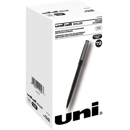 uniball Roller Rollerball Pen - Micro Pen Point - 0.5 mm Pen Point Size - Black Liquid Ink - Black Barrel - 72 / Pack