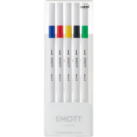 uni EMOTT Fine Line Marker Pens - Assorted Water Based Ink - Plastic Tip - 5 / Set