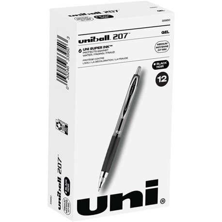 uniball 207 Gel Pen - Medium Pen Point - 0.7 mm Pen Point Size - Conical Pen Point Style - Refillable - Retractable - Black Pigm