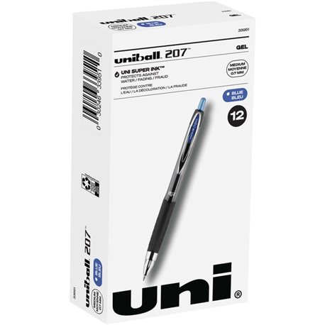 uniball 207 Gel Pen - Medium Pen Point - 0.7 mm Pen Point Size - Refillable - Retractable - Blue Gel-based Ink - 1 Dozen