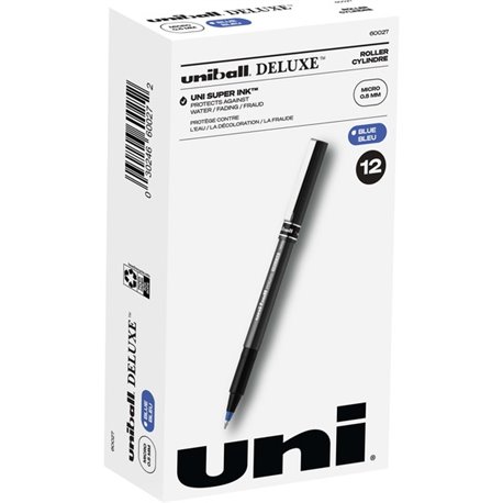 uniball Deluxe Rollerball Pens - Micro Pen Point - 0.5 mm Pen Point Size - Blue - Gray Barrel - 1 Dozen